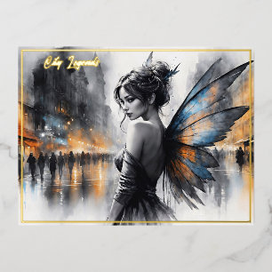 Fantasy urban fairy elegant beauty dreamy lights foil holiday postcard