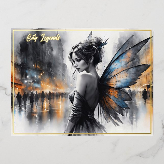 Fantasy urban fairy elegant beauty dreamy lights foil holiday postcard (Front)