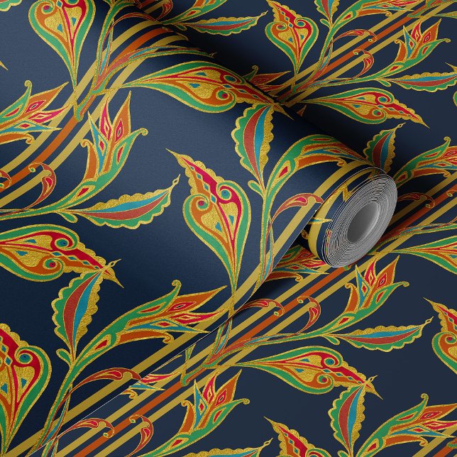 Fantasy vine of gold, red, gree, leaves on navy wallpaper (Creator Uploaded)