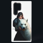 Fantasy Warrior and Red-Eyed Direwolf Embrace Samsung Galaxy Case<br><div class="desc">Showcase your love for epic fantasy with this striking phone case designed specifically for your Samsung Galaxy S23 Ultra. It features a powerful, dark-haired warrior woman and her majestic white direwolf companion. Their intense gazes lock with yours, rendered in a hyper-detailed digital painting style with rich colours and dramatic shadows....</div>