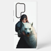 Fantasy Warrior and Red-Eyed Direwolf Embrace