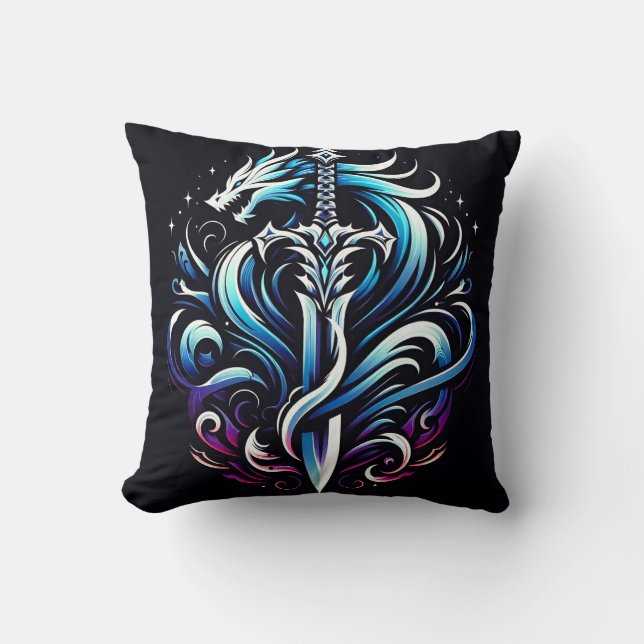 Fantasy Warrior Mystic Dragon Sword Flame Cushion (Front)