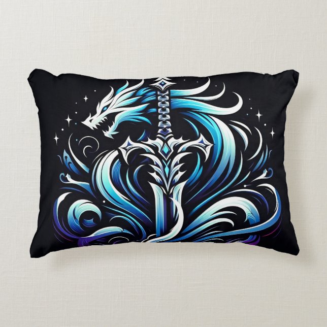 Fantasy Warrior Mystic Dragon Sword Flame Decorative Cushion (Front)