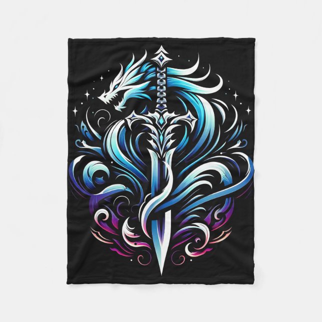 Fantasy Warrior Mystic Dragon Sword Flame Fleece Blanket (Front)
