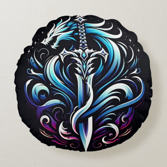 Fantasy Warrior Mystic Dragon Sword Flame Round Cushion (Front)