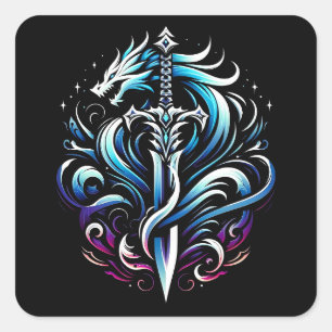 Fantasy Warrior Mystic Dragon Sword Flame Square Sticker