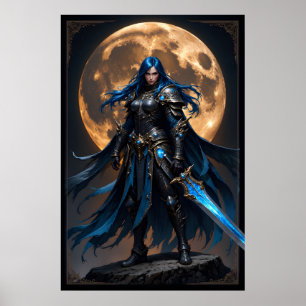 Fantasy Warrior Woman with Blue Hair and a Glowing Poster