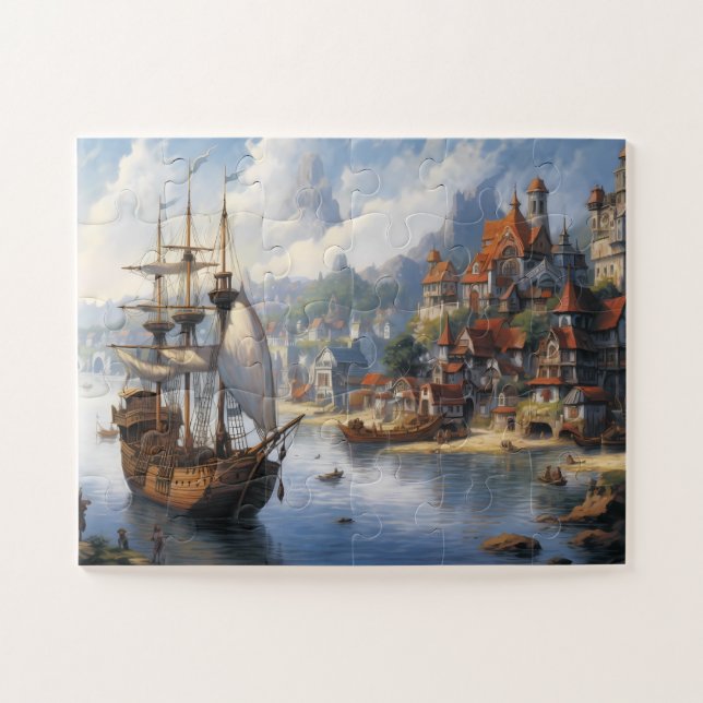 Fantasy Waterfront Village & Ship Jigsaw Puzzle (Horizontal)