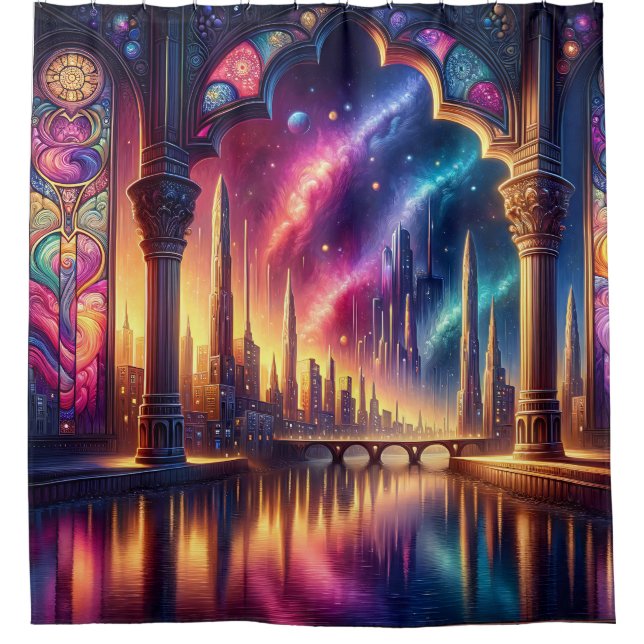 “Fantasy Waterscape with Stained Glass Arch" Shower Curtain (Front)