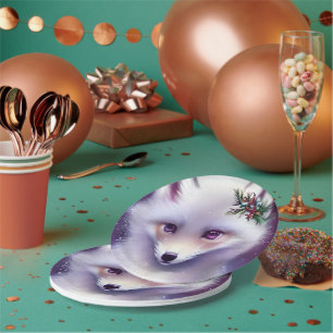 Fantasy White Baby Fox with Lavender Eyes Paper Plate