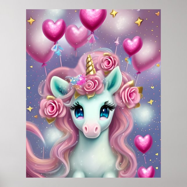 Fantasy White Baby Unicorn with pink Hearts Poster (Front)