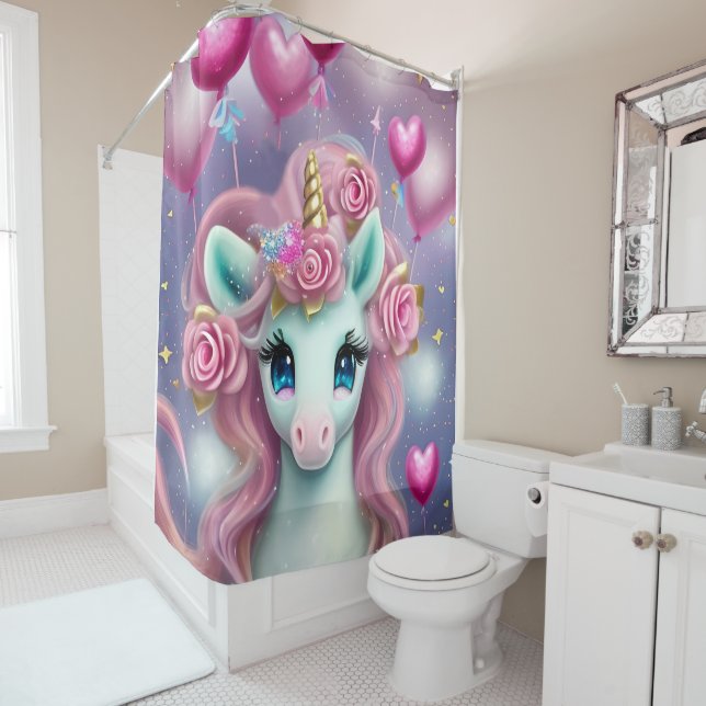 Fantasy White Baby Unicorn with pink Hearts Shower Curtain (In Situ)