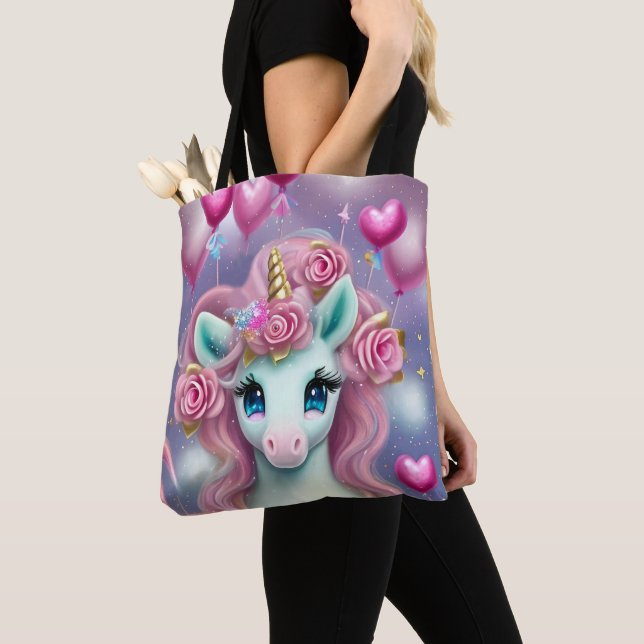 Fantasy White Baby Unicorn with pink Hearts Tote Bag (Close Up)