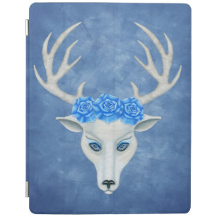 Fantasy White Deer Face With Antlers Blue Roses iPad Cover