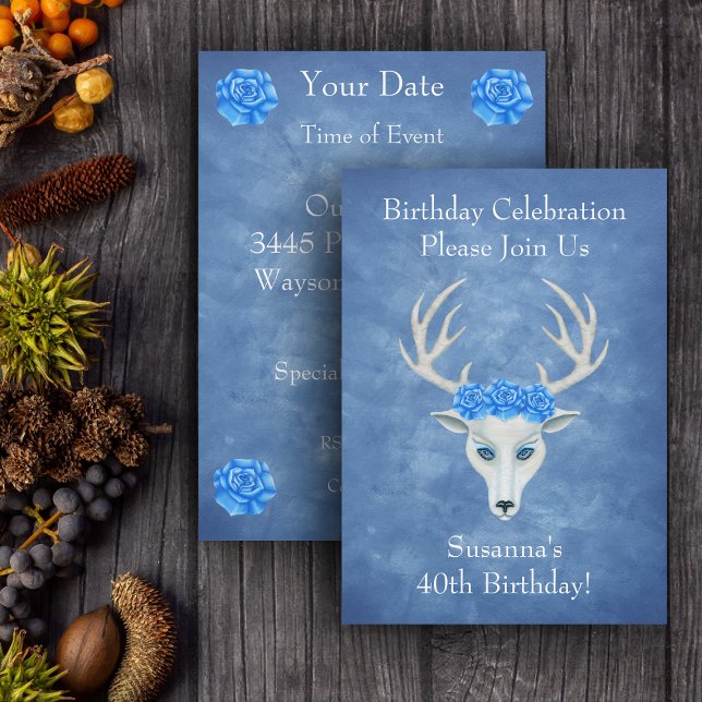 Fantasy White Deer Head Antlers Blue Rose Birthday Invitation (Mystical white deer head with antlers wearing blue roses on misty blue birthday party invitations.)