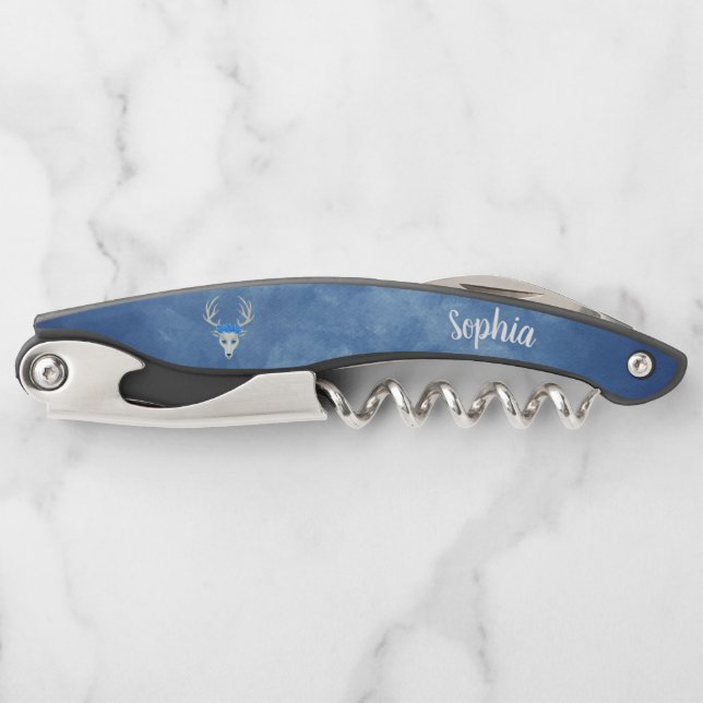 Fantasy White Deer Head Antlers Roses on blue Corkscrew (Front)