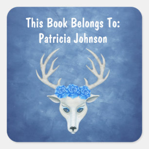 Fantasy White Deer Head Big Roses Misty blues Square Sticker