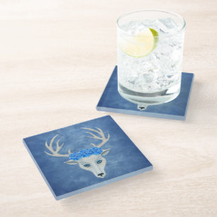 Fantasy White Deer Head Roses Antlers on Blue Glass Coaster