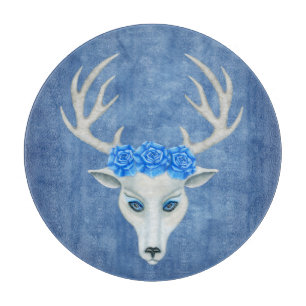 Fantasy White Deer Head Wearing Roses Antlers Blue Cutting Board