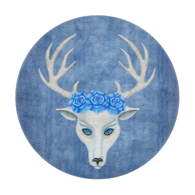 Fantasy White Deer Head Wearing Roses Antlers Blue Cutting Board (Front)