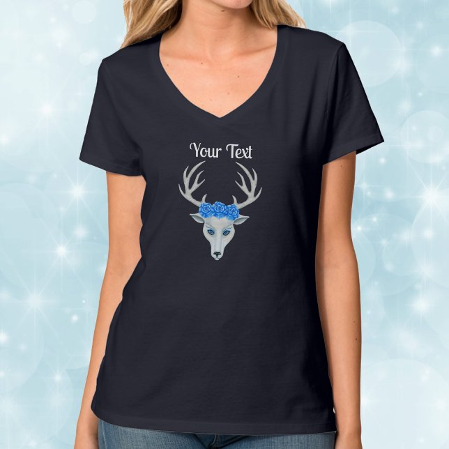 Fantasy white Deer Head With Antlers Blue Roses T-Shirt (Fantasy white deer head antlers wearing crown of blue roses on woman's tee shirt.)