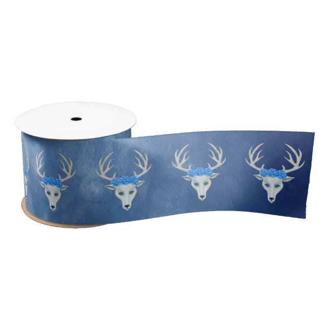 Fantasy White Deer Heads Antlers Roses Misty Blue Satin Ribbon (Spool)