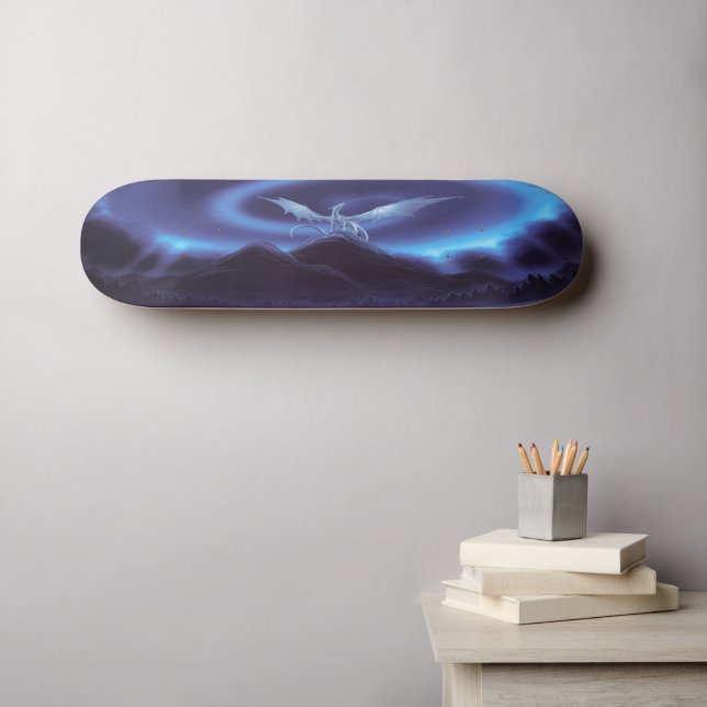 Fantasy White Dragon On Blue Mountain Skateboard (Wall Art (Horz))