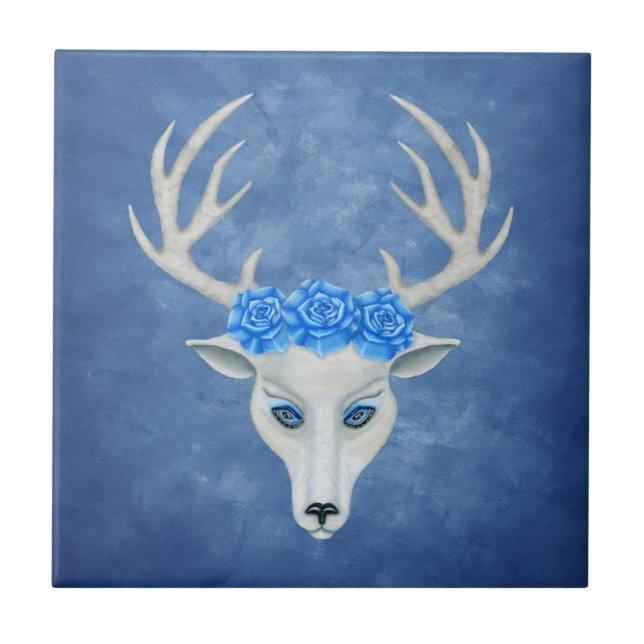 Fantasy White Head of a Deer Antlers Roses Blue Tile (Front)