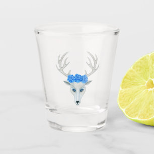 Fantasy White Head of Deer Antlers Blue Eyes Roses Shot Glass