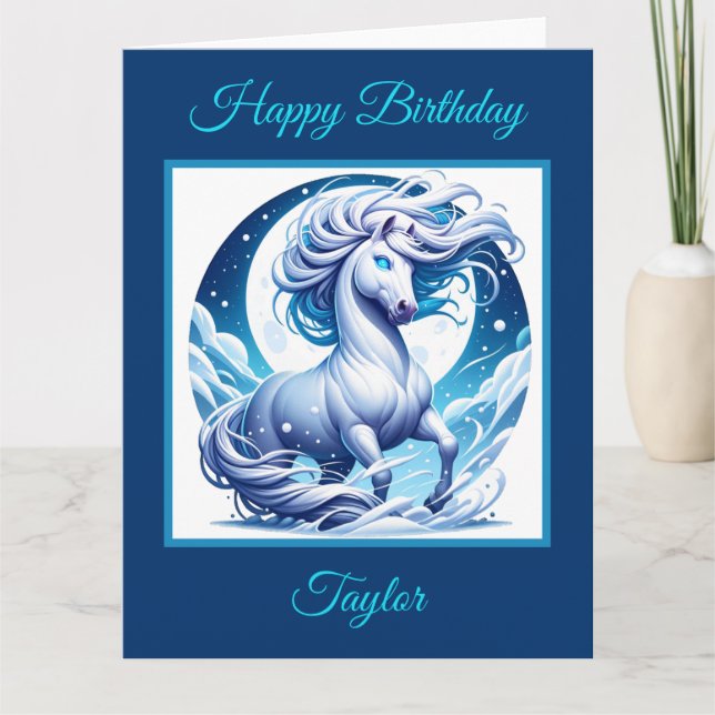 Fantasy White Horse in the Snow Birthday Card (Front)