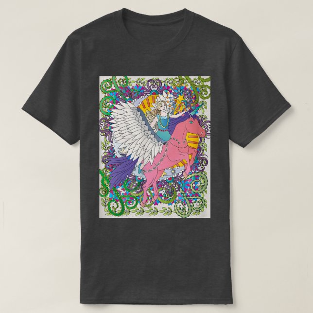Fantasy white winged unicorn flying with fairy  T-Shirt (Design Front)