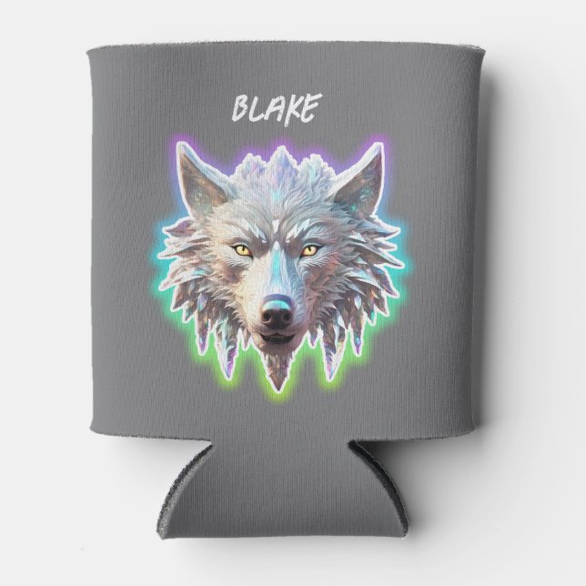 Fantasy White Wolf Head Can Cooler (Front)