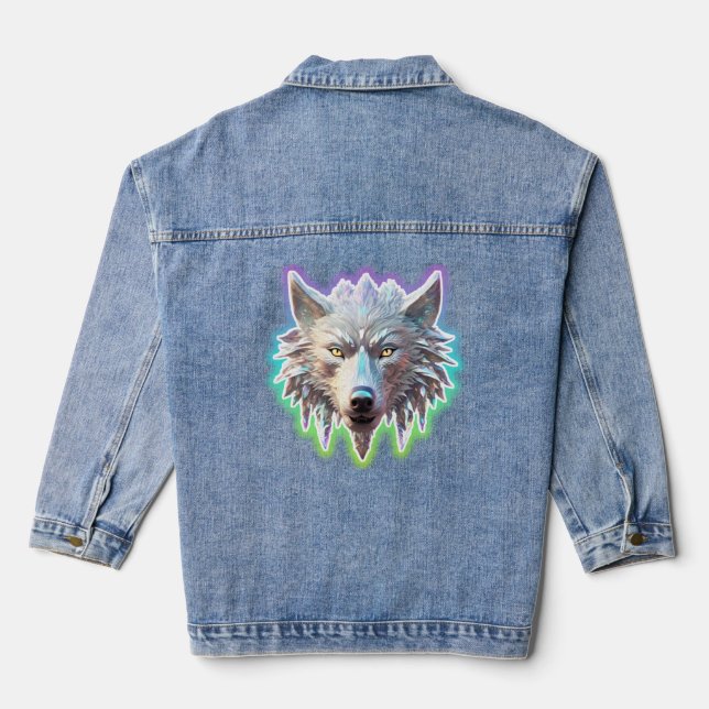 Fantasy White Wolf Head Denim Jacket (Back)