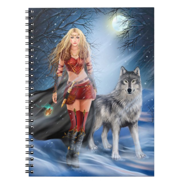 Fantasy Winter Woman Warrior Princess and wolf Notebook (Front)
