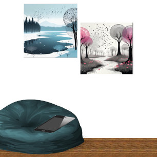 Fantasy Wispy Tree Paintings Pink and Blue