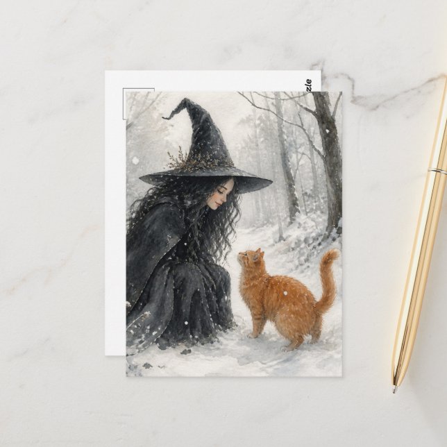 Fantasy Witch and Ginger Cat in Winter Forest Postcard (Front/Back In Situ)
