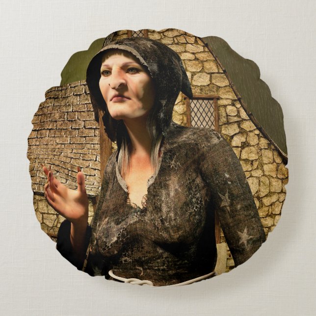 Fantasy Witch Mediaeval Village Halloween Round Cushion (Front)