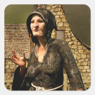 Fantasy Witch Mediaeval Village Halloween Square Sticker