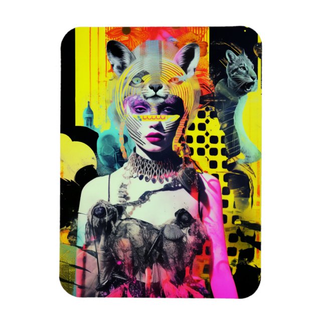 Fantasy Woman and Animals Colourful Collage Magnet (Vertical)