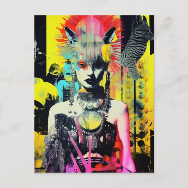 Fantasy Woman and Animals Colourful Collage Postcard (Front)