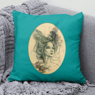 Fantasy Woman face Bird skull Wings Surreal art Cushion