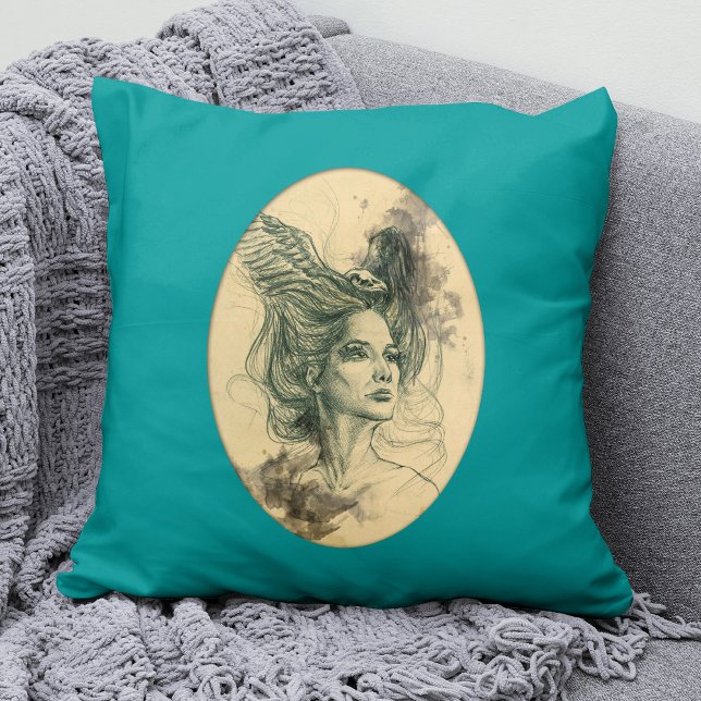 Fantasy Woman face Bird skull Wings Surreal art Cushion (Creator Uploaded)