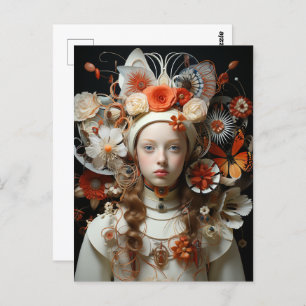 Fantasy Woman in White with Orange Butterflies  Postcard