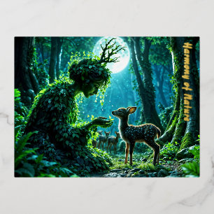 Fantasy woodland goddess and gentle deer art foil holiday postcard
