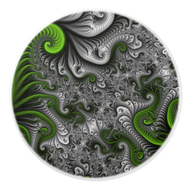 Fantasy World Green And Grey Abstract Fractal Art Ceramic Knob (Front)