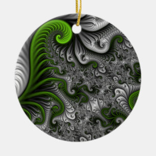 Fantasy World Green And Grey Abstract Fractal Art Ceramic Tree Decoration