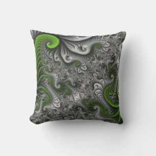 Fantasy World Green And Grey Abstract Fractal Art Cushion
