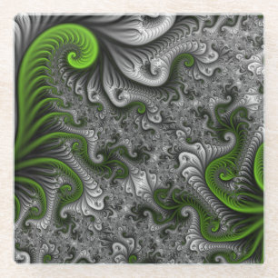 Fantasy World Green And Grey Abstract Fractal Art Glass Coaster