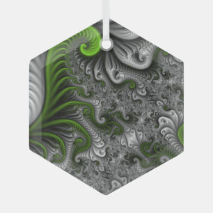 Fantasy World Green And Grey Abstract Fractal Art Glass Tree Decoration