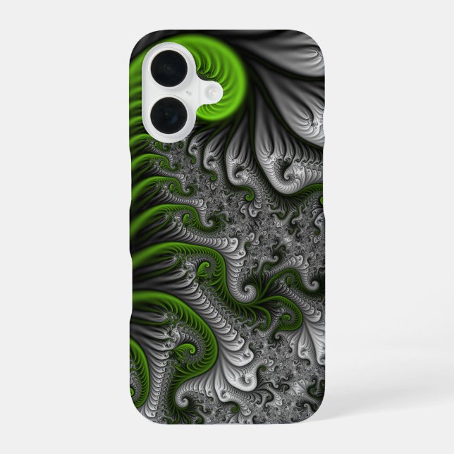 Fantasy World Green And Grey Abstract Fractal Art iPhone 16 Case (Back)